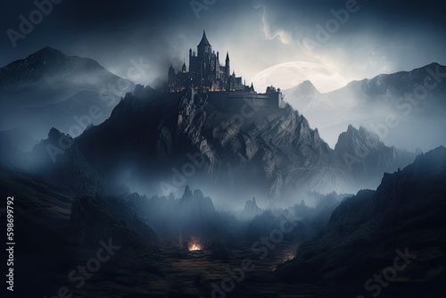 Dark Times Ahead: Vintage Digital Art Illustration of Osgiliath and its Surrounding Fantasy Castle, Mountains and Misty Magic: Generative AI © Serhii