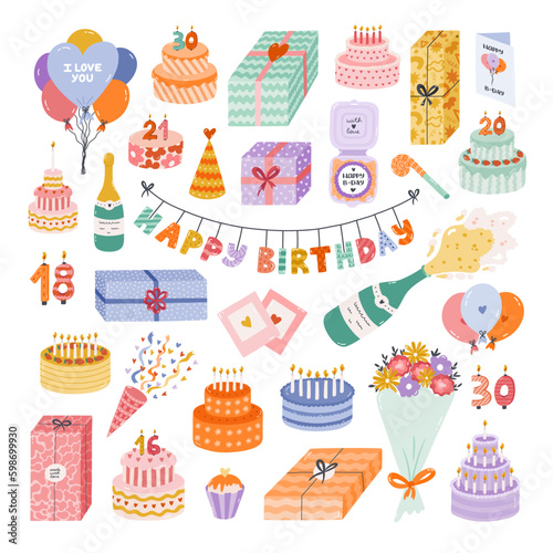 Cute hand drawn birthday set. Trendy holiday elements, party decoration, cupcakes, candles, gifts, balloons, party hat. Happy Birthday clipart collection for kid. Symbol of celebration, anniversary.