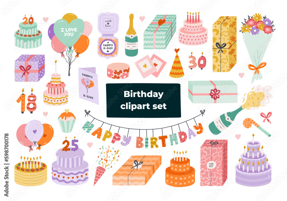 Cute hand drawn birthday set. Trendy holiday elements, party decoration, cupcakes, candles, gifts, balloons, party hat. Happy Birthday clipart collection for kid. Symbol of celebration, anniversary. Cute hand drawn birthday set. Trendy holiday elements, party decoration, cupcakes, candles, gifts, balloons, party hat. Happy Birthday clipart collection for kid. Symbol of celebration, anniversary.