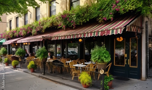  a restaurant with tables and chairs on a sidewalk with flowers on the awnings.  generative ai
