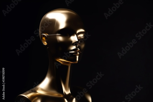 Gold metal abstract and futuristic woman mannequin portrait in black background. Generative AI
