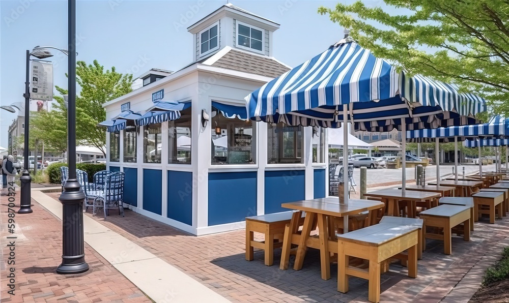  a blue and white restaurant with blue and white awnings.  generative ai