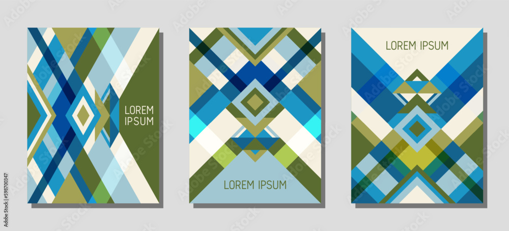 Cover page layout vector template geometric design with triangles and stripes pattern in green, blue, khaki.