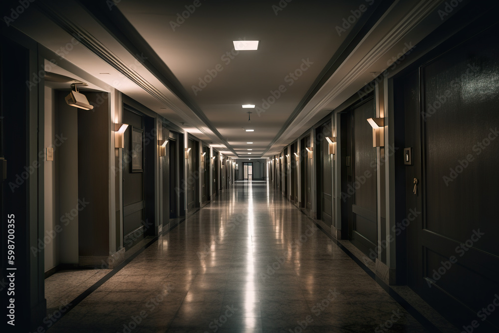A long hallway with a clock on the wall. AI generative.