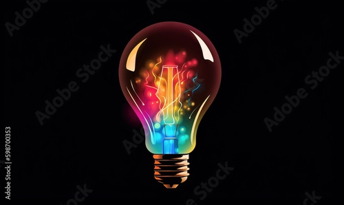  a light bulb with a colorful light inside of it on a black background. generative ai