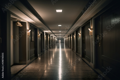 A long hallway with a clock on the wall. AI generative.