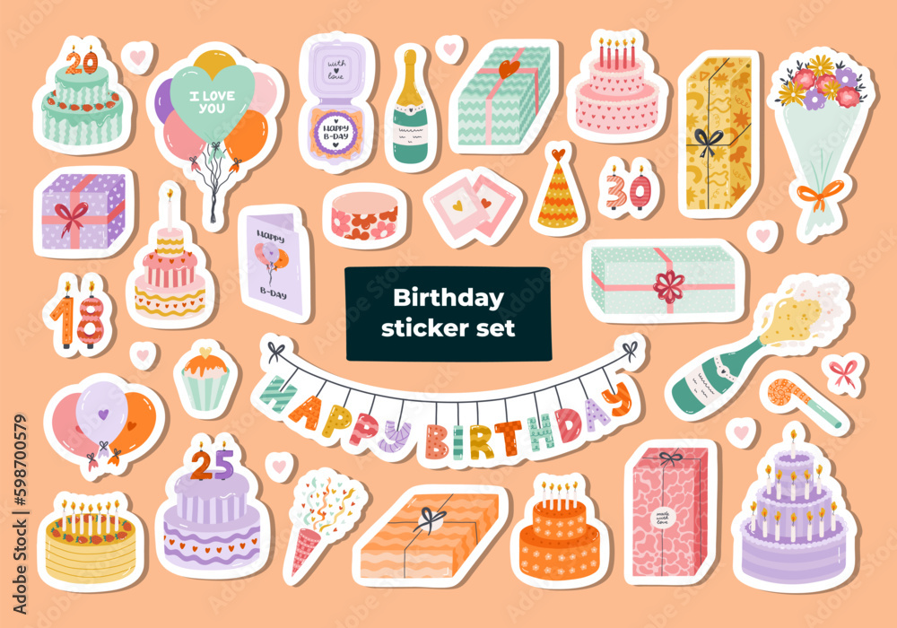 Big set of stickers with hand drawn birthday clipart for planners, notebooks. Ready for print list of cute stickers. Trendy holiday elements, party decoration, cake, candle, gift, balloon, party hat. Big set of stickers with hand drawn birthday clipart for planners, notebooks. Ready for print list of cute stickers. Trendy holiday elements, party decoration, cake, candle, gift, balloon, party hat.