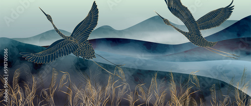Landscape art background with cranes, mountains and hills. Oriental style banner for decoration design, print, textile, interior design, wallpaper, poster, packaging.