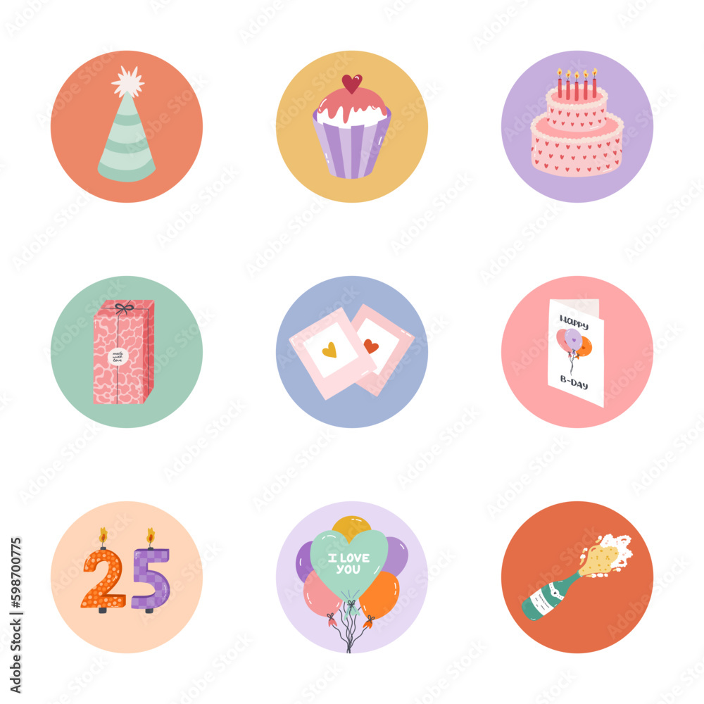 Cute and trendy highlights for different social media, bloggers and companies about birthday party, holiday, celebration, anniversary with flat illustrations. Vector hand drawn clipart. Cute and trendy highlights for different social media, bloggers and companies about birthday party, holiday, celebration, anniversary with flat illustrations. Vector hand drawn clipart.