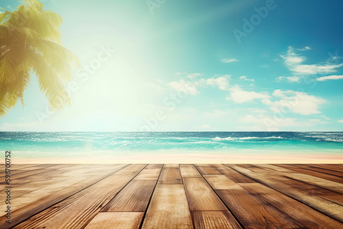 Empty wooden tabletop with seascape backdrop for advertising and presentation. Selective focus on tabletop. Generative AI illustration Generative AI