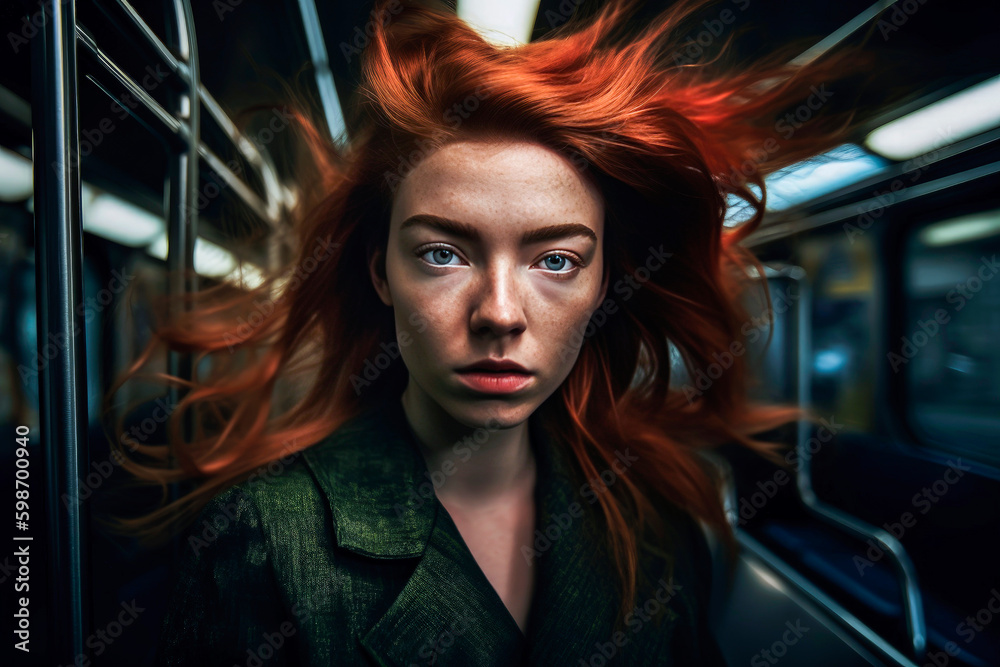 Generative AI illustration Beautiful young girl with long hair in the New York subway Generative AI illustration Beautiful young girl with long hair in the New York subway