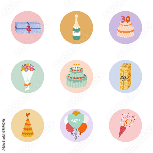 Cute and trendy highlights for different social media, bloggers and companies about birthday party, holiday, celebration, anniversary with flat illustrations. Vector hand drawn clipart.