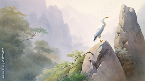 Heron bird perched atop a vertical limestone peak in Yangshuo  China  AI generative illustration