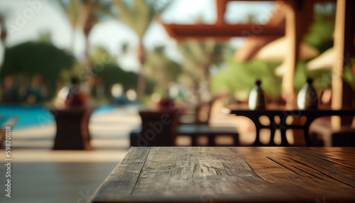 Empty wooden table in front of blurred pool resort. Wooden table background in resort. Ai generated image