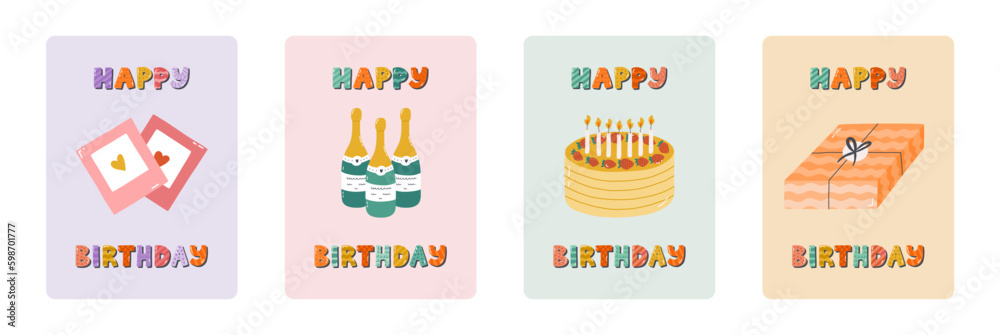 Set of cute postcard for Happy Birthday. Trendy and minimalistic posters with lettering and hand drawn illustration about birthday party, holiday, celebration, anniversary. Greeting card template.