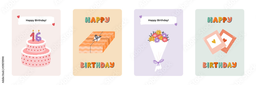 Set of cute postcard for Happy Birthday. Trendy and minimalistic posters with lettering and hand drawn illustration about birthday party, holiday, celebration, anniversary. Greeting card template. Set of cute postcard for Happy Birthday. Trendy and minimalistic posters with lettering and hand drawn illustration about birthday party, holiday, celebration, anniversary. Greeting card template.