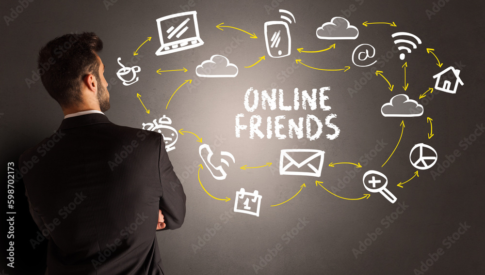businessman drawing social media icons businessman drawing social media icons
