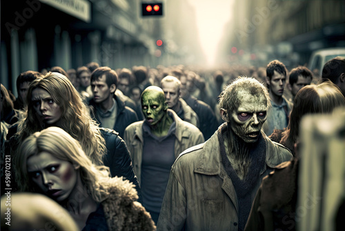 Zombies with scary faces in the crowd during the zombie apocalypse. Horror theme for Halloween or game party ad. Generated AI.