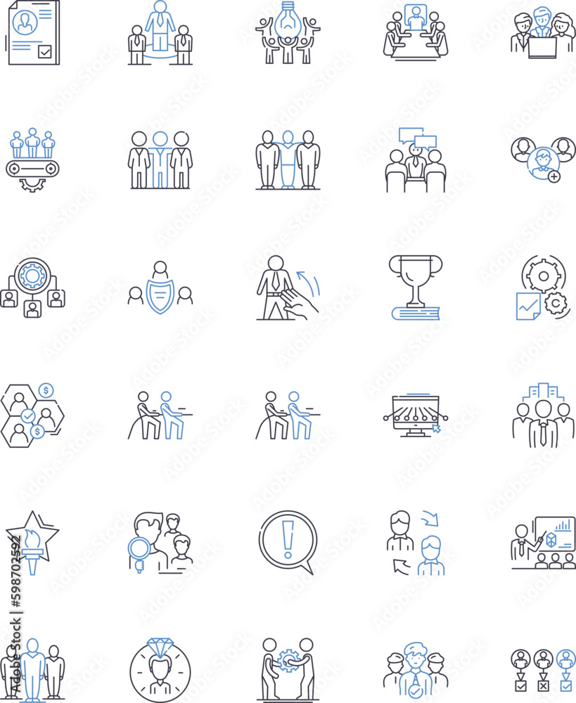 Peers line icons collection. Colleagues, Mates, Classmates, Acquaintances, Comrades, Friends, Allies vector and linear illustration. Gang,Bunch,Squad outline signs set Generative AI