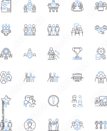Peers line icons collection. Colleagues, Mates, Classmates, Acquaintances, Comrades, Friends, Allies vector and linear illustration. Gang,Bunch,Squad outline signs set Generative AI