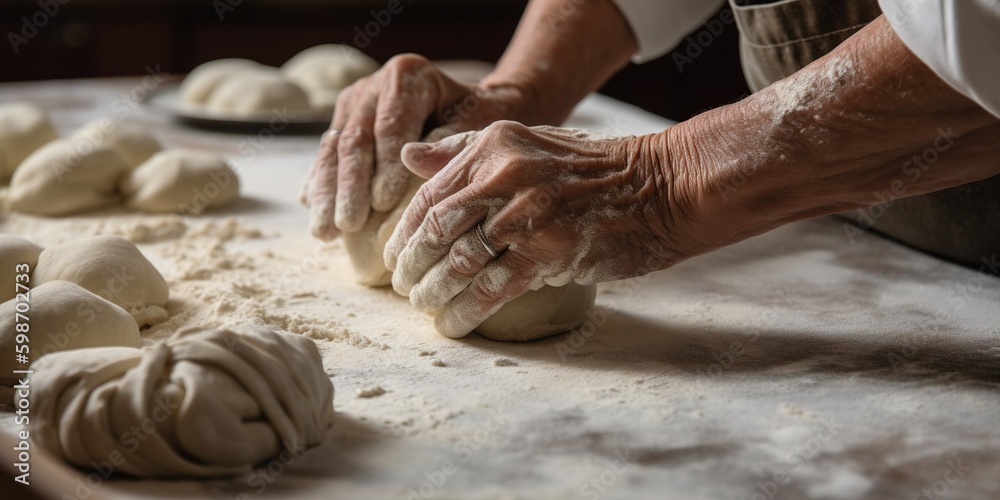 Hands roll out freshly made dough to create homemade pasta, following a time-honored family recipe, concept of Traditional cooking techniques, created with Generative AI technology Generative AI Hands roll out freshly made dough to create homemade pasta, following a time-honored family recipe, concept of Traditional cooking techniques, created with Generative AI technology Generative AI