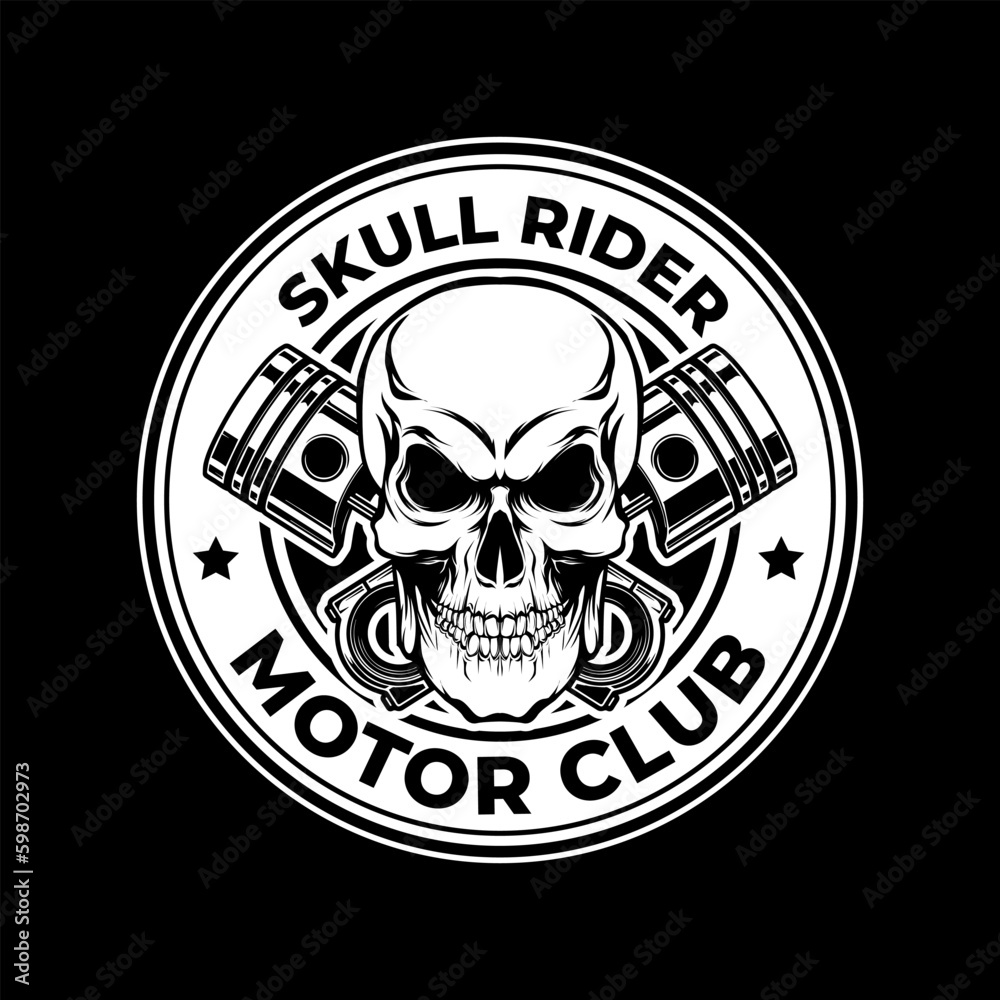 Skull rider motor club logo design illustration with skull and piston combination in black and white color Skull rider motor club logo design illustration with skull and piston combination in black and white color