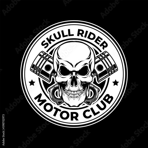 Skull rider motor club logo design illustration with skull and piston combination in black and white color