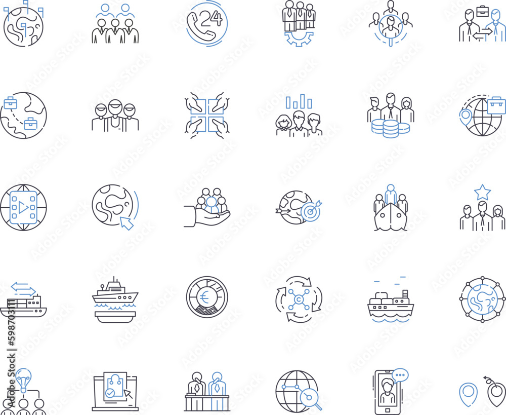 Multinational affairs line icons collection. Globalization, Diplomacy, Trade, cooperation, Policy, Development, Progress vector and linear illustration. Integration,Economics,Relations Generative AI
