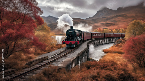 steam train in the mountains. Generative AI image.