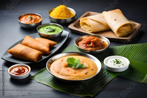 Dosa is a thin batter-based dish originating from South India, made from a fermented batter predominantly consisting of lentils and rice. generated by AI