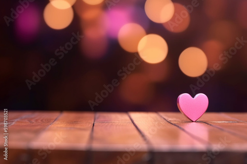 Empty wooden table, pink heart-shaped bokeh background