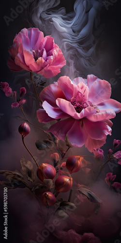 pink flowers and white smoke. Generative AI image.