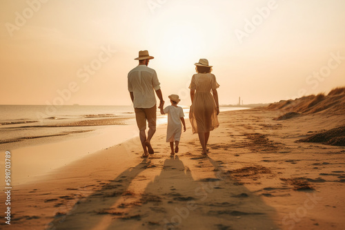 couple  and kid walking on the beach