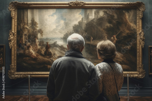 a couple admiring an art in a quiet museum. generative AI © busra