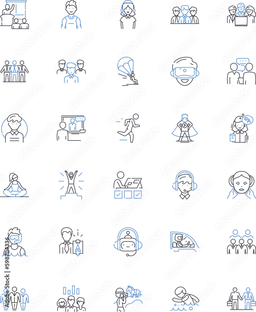 Junior cohort line icons collection. Youthful, Developing, Novice, Budding, Inexperienced, Emerging, Fresh vector and linear illustration. Teenage,Adolescent,Vibrant outline signs set Generative AI