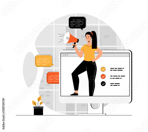 Digital marketing and promotion concept. Woman with megaphone attracting new customers. Online promotion, targeting, advertising campaign. Illustration with people scene in flat design for website 