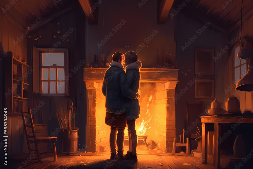 a couple tenderly embracing in front of a fireplace. generative AI