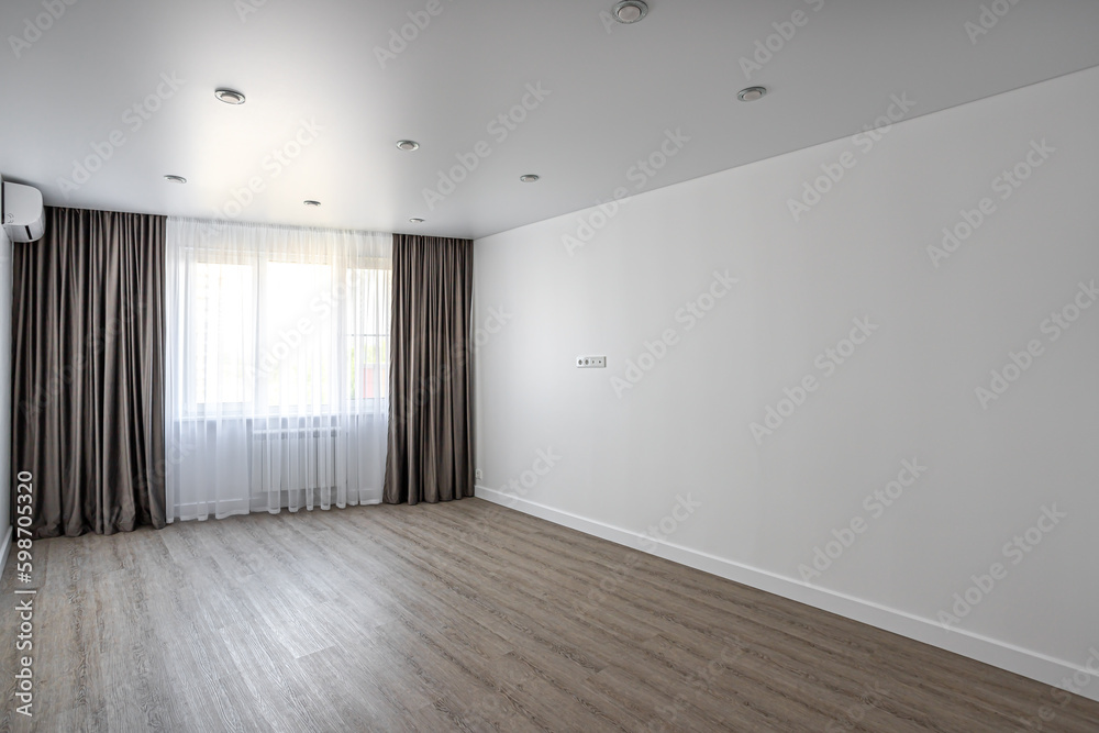 empty room without furniture with white walls and ceiling, curtains empty room without furniture with white walls and ceiling, curtains