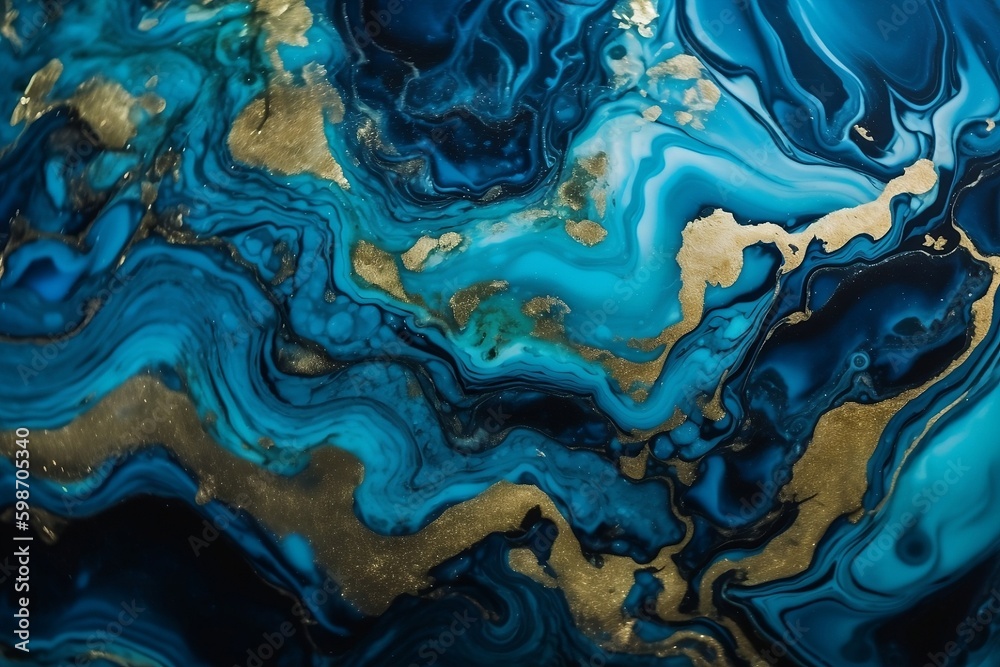 Blue agate stone with gold shimmering veins on abstract background and