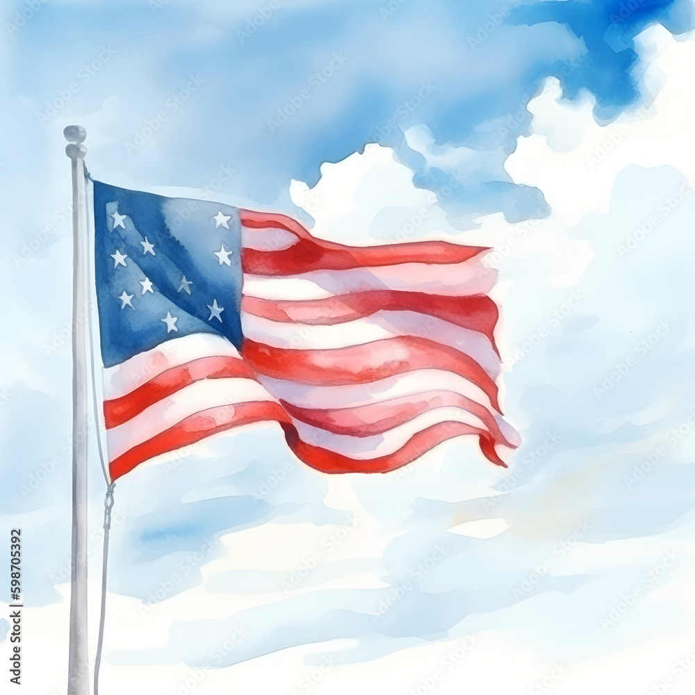 Fototapeta premium Flag of America, hand drawn watercolor illustration