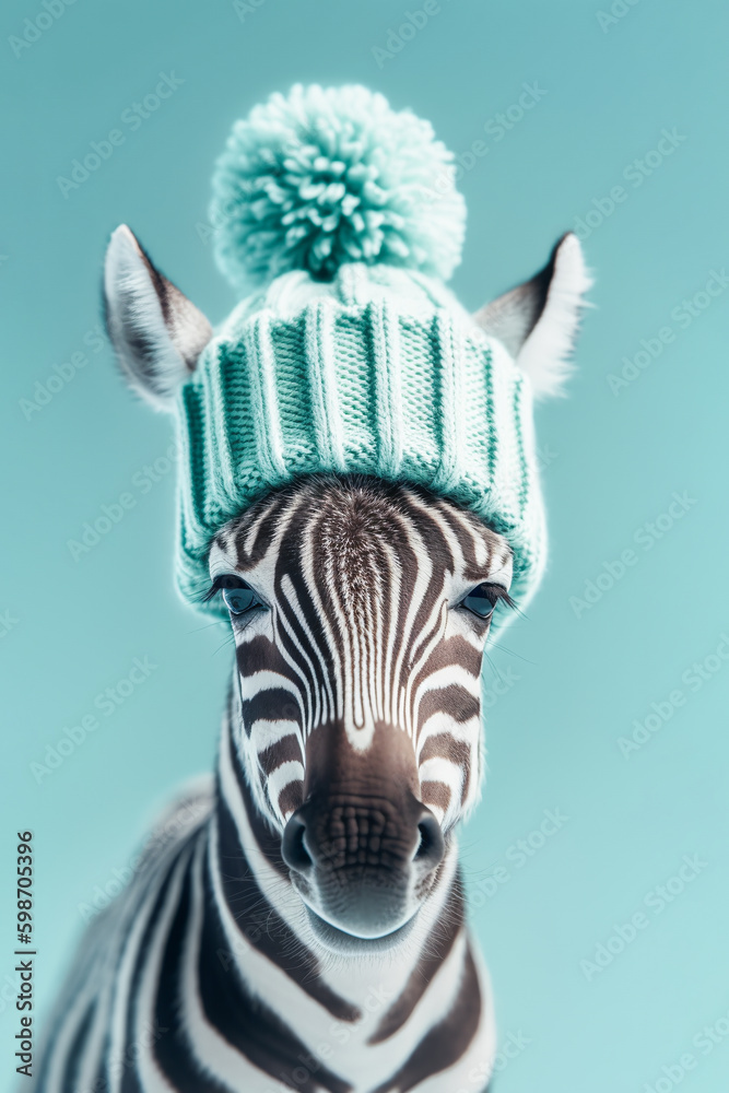 Naklejka premium Funny Zebra in mint-colored knitted hat on light background. Generative AI. High quality illustration
