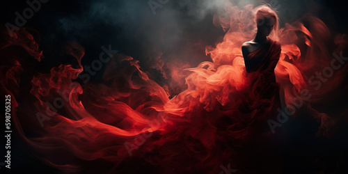 silhouette of a woman in red dress standing in a dark room full of red smoke. Generative AI