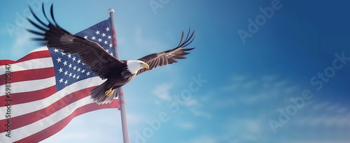 Long banner with copy space. Eagle with American flag flying free. July 4th, independence day