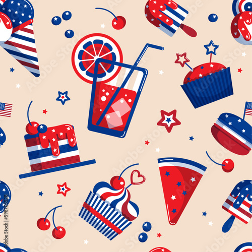 4th of July vector blue-red-white seamless pattern with food, drink, sweets, cupcakes, ice cream, watermelon, macaron, stars. USA patriotic background, decor, textiles, banners, wrapping, wallpaper