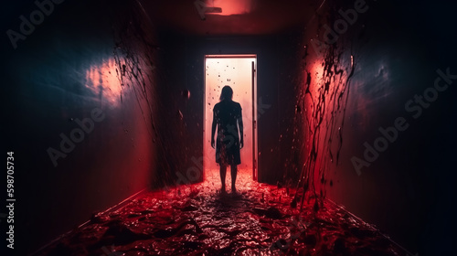 Scary ghost woman in bloody room. Generative AI
