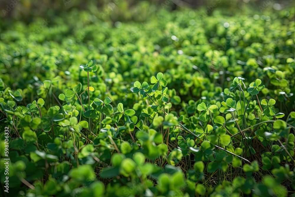 Discover the Luck of the Irish: Stunning Green Clover Covering a Vibrant Field: Generative AI