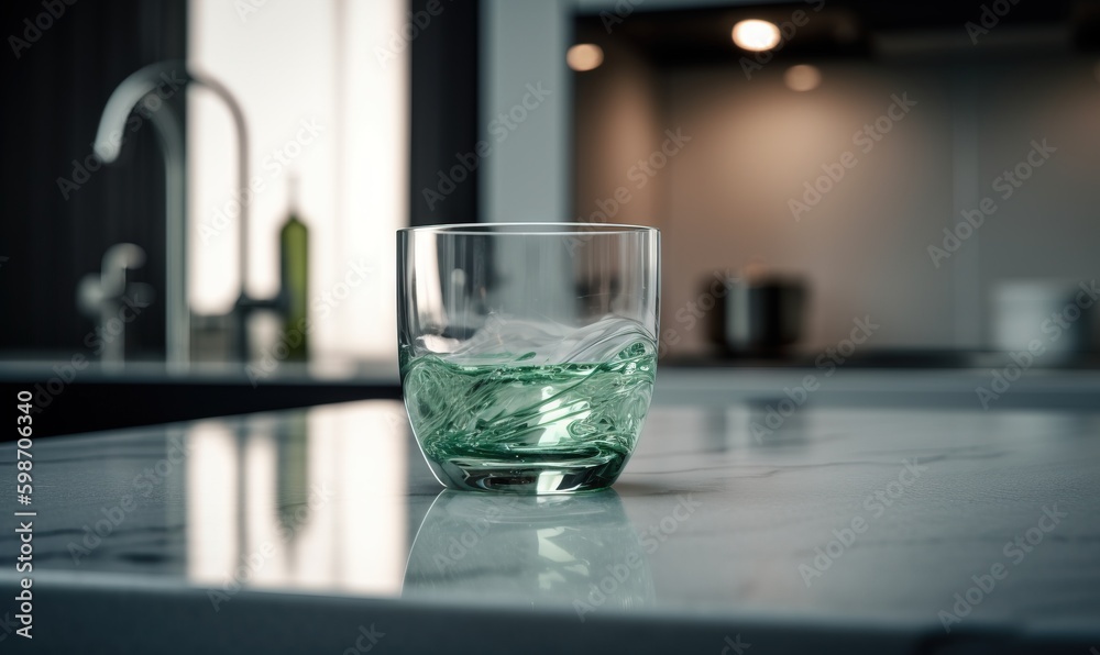  a glass of water sitting on a counter in a kitchen.  generative ai