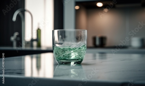  a glass of water sitting on a counter in a kitchen. generative ai