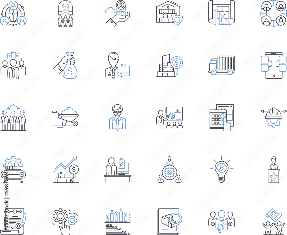 Line assembly line icons collection. Efficiency, Optimized, Streamlined, Production, Automation, Teamwork, Precision vector and linear illustration. Consistency,Momentum,Collaboration Generative AI