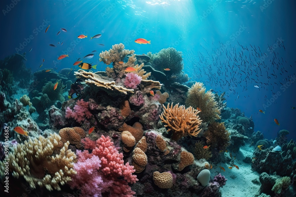 Fototapeta premium Explore the Treasures of an Underwater Coral Reef - Scuba Dive into a Tropical World. Generative AI